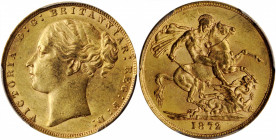 GREAT BRITAIN. Sovereign, 1872. London Mint. Victoria. PCGS AU-58 Gold Shield.

S-3856A; Fr-388; KM-752. A nicely preserved survivor with a hint of to...