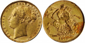 GREAT BRITAIN. Sovereign, 1872. London Mint. Victoria. PCGS AU-58 Gold Shield.

S-3856A; Fr-388; KM-752. This attractive coin displays flamboyant, ori...