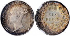 GREAT BRITAIN. 6 Pence, 1859. London Mint. Victoria. NGC MS-64.

S-3908; KM-733.1. Deep russet and apricot toning with lighter "pull away" areas aroun...