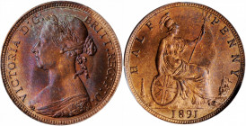 GREAT BRITAIN. 1/2 Penny, 1891. London Mint. Victoria. PCGS MS-65 Red Brown Gold Shield.

S-3956; KM-754. A lovely example of the type, with beautiful...
