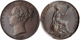 GREAT BRITAIN. Farthing, 1839. London Mint. Victoria. PCGS PROOF-64 Gold Shield.

S-3950; KM-725a. Bronzed. A Proof with flashy reverse fields, faint ...