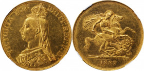 GREAT BRITAIN. 5 Pounds, 1887. London Mint. Victoria. NGC AU-58.

Fr-390; S-3864; KM-769. A somewhat prooflike coin with flashy fields and some hairli...