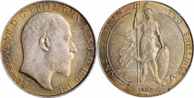 GREAT BRITAIN. Florin, 1907. London Mint. PCGS MS-63 Gold Shield.

S-3981; KM-801. A well struck Florin with soft luster and strong sunset hues in the...