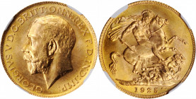 GREAT BRITAIN. Sovereign, 1925. London Mint. NGC MS-66.

Fr-404; S-3996; KM-820. An eye-appealing Sovereign with sharp strike, full satiny luster, and...