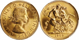 GREAT BRITAIN. Sovereign, 1963. London Mint. PCGS MS-64 Gold Shield.

S-4125; Fr-417; KM-908. A well struck Sovereign with full cartwheel luster, at t...