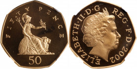 GREAT BRITAIN. Gold 50 Pence, 2002. Llantrisant Mint. NGC PROOF-68 Ultra Cameo.

KM-991b. An attractive Proof with hard mirrored fields and frosted ca...