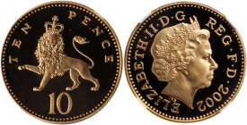 GREAT BRITAIN. Gold 10 Pence, 2002. Llantrisant Mint. NGC PROOF-69 Ultra Cameo.

KM-989b. An attractive Proof with hard mirrored fields and frosted ca...