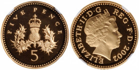 GREAT BRITAIN. Gold 5 Pence, 2002. Llantrisant Mint. NGC PROOF-69 Ultra Cameo.

KM-988b.  An attractive Proof with hard mirrored fields and frosted ca...