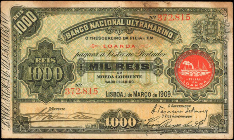 ANGOLA. Banco Nacional Ultramarino. 1000 Reis, 1909. P-27. Fine.

Seal Type "Fil...