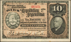 ARGENTINA. Republica Argentina. 10 Cents, 1891. P-214. Very Fine.

A light stain is noticed in the bottom margin.

Estimate: $100.00-$200.00