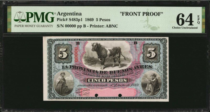 ARGENTINA. La Provincia de Buenos Ayres. 5 Pesos, 1869. P-S483p1. Front Proof. P...