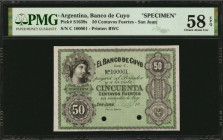 ARGENTINA. El Banco de Cuyo. 50 Centavos Fuertes, 18xx. P-S1639s. Specimen. PMG Choice About Uncirculated 58 EPQ.

Printed by BWC. San Juan. Punch can...