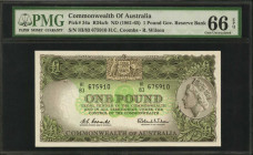AUSTRALIA. Commonwealth of Australia. 1 Pound, ND (1961-65). P-34a. PMG Gem Uncirculated 66 EPQ.

Signature combination of H.C. Coombs and R. Wilson.
...