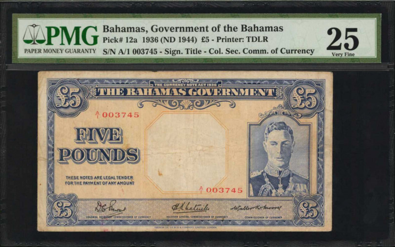 BAHAMAS. Government of the Bahamas. 5 Pounds, 1936 (ND 1944). P-12a. PMG Very Fi...
