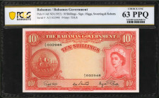 BAHAMAS. Bahamas Government. 10 Shillings, ND (1953). P-14d. PCGS Banknote Choice Uncirculated 63 PPQ.

Printed by TDLR. A sought after type with QEII...