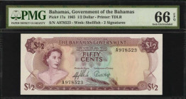 BAHAMAS. Government of the Bahamas. 1/2 Dollar, 1965. P-17a. PMG Gem Uncirculated 66 EPQ.

Printed by TDLR. Watermark of Shellfish. 2 signatures.

Est...