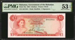 BAHAMAS. Government of the Bahamas. 3 Dollars, 1965. P-19a. PMG About Uncirculated 53 EPQ.

Printed by TDLR. Watermark of Shellfish. 2 Signatures.

Es...