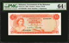 BAHAMAS. Government of the Bahamas. 5 Dollars, 1965. P-21a. PMG Choice Uncirculated 64 EPQ.

Printed by TDLR. 2 signatures.

Estimate: $175.00-$275.00