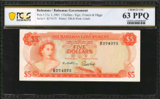 BAHAMAS. Bahamas Government. 5 Dollars, 1965. P-21a. PCGS Banknote Choice Uncirculated 63 PPQ.

Printed by TDLR. A bright orange QEII example with ori...