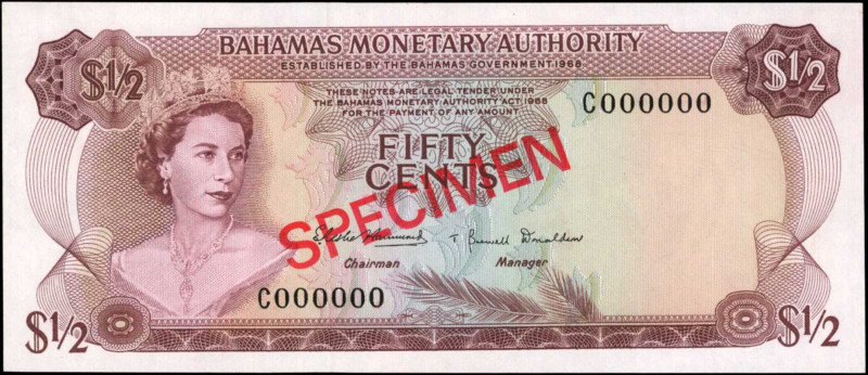 BAHAMAS. Bahamas Monetary Authority. 50 Cents, 1968. P-26s. Specimen. Uncirculat...
