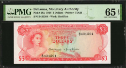 BAHAMAS. Bahamas Monetary Authority. 3 Dollars, 1968. P-28a. PMG Gem Uncirculated 65 EPQ.

Estimate: $100.00-$200.00