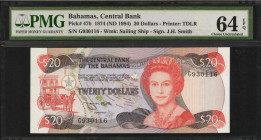 BAHAMAS. Central Bank of the Bahamas. 20 Dollars, 1974 (ND 1984). P-47b. PMG Choice Uncirculated 64 EPQ.

Nearly Gem. Printed signature of J.H. Smith....
