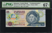 BAHAMAS. Central Bank of the Bahamas. 1 Dollar, 1974 ND (1992). P-50. Commemorative. PMG Superb Gem Uncirculated 67 EPQ.

Printed by CBNC. Signature o...