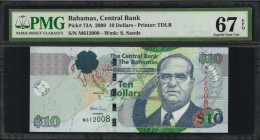 BAHAMAS. Central Bank of the Bahamas. 10 Dollars, 2009. P-73A. PMG Superb Gem Uncirculated 67 EPQ.

Printed by TDLR. Watermark of S. Sands.

Estimate:...