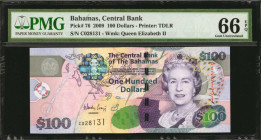 BAHAMAS. Central Bank of the Bahamas. 100 Dollars, 2009. P-76. PMG Gem Uncirculated 66 EPQ.

Printed by TDLR. Watermark of QEII.

Estimate: $50.00-$10...