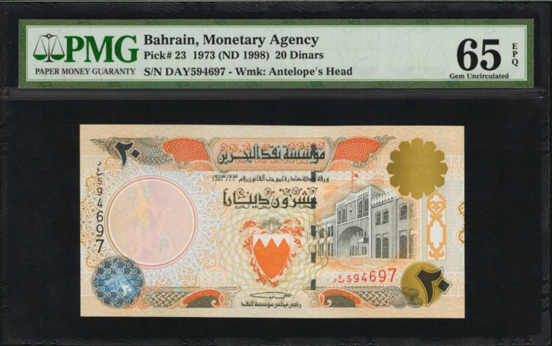 BAHRAIN. Bahrain Monetary Agency. 20 Dinars, 1973 (ND 1998). P-23. PMG Gem Uncir...