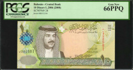 BAHRAIN. Central Bank of Bahrain. 10 Dinars, 2006 (2008). P-28. PCGS Currency Gem New 66 PPQ.

Excellent Gem appeal is noticed on this 10 Dinars note....