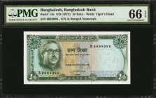 BANGLADESH. Bangladesh Bank. 10 Taka, ND (1972). P-11b. PMG Gem Uncirculated 66 EPQ.

Serial number in Bengali numerals. Watermark of Tiger's head at ...