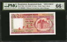 BANGLADESH. Bangladesh Bank. 10 Taka, ND (1982). P-26bs. Specimen. PMG Superb Gem Uncirculated 66.

Estimate: $100.00-$200.00
