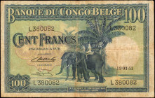 BELGIAN CONGO. Bank Van Belgisch Congo. 100 Francs, 1951. P-17d. Fine.

Just toning and two holes to mention on this 100 Francs note.

Estimate: $100....