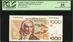 BELGIUM. Banque Nationale de Belgique. 1000 Francs, ND (1980-96). P-144s. Specimen. PCGS Currency Very Choice New 64 Apparent. Mounting Remnants on Ba...