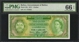 BELIZE. Government of Belize. 1 Dollar, 1975. P-33b. PMG Gem Uncirculated 66 EPQ.

QEII at right with Arms at left.

Estimate: $50.00-$100.00