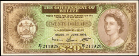 BELIZE. Government of Belize. 20 Dollars, 1975. P-37. Very Fine.

June 1st, 1975 date. QEII at right with arms at left. Just a small pinhole to report...