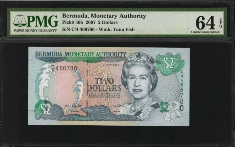 BERMUDA. Bermuda Monetary Authority. 2 Dollars, 2007. P-50b. PMG Choice Uncircul...