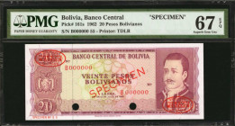 BOLIVIA. Lot of (5). Banco Central de Bolivia. 20, 50, 100, 500 & 1000 Pesos Bolivianos, 1962-82. P-161s, 162s2, 163s, 166s & 167s. PMG Choice Uncircu...