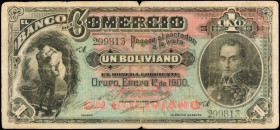 BOLIVIA. Banco del Comercio. 1 Boliviano, 1900. P-S131. Fine.

Bolivar pictured at right on this colorful Banco del Comercio 1 Boliviano.

From the Ri...