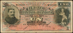 BOLIVIA. El Banco Francisco Argandona. 1 Boliviano, 1898. P-S147a. Fine.

A rare issue seen here with even Argandona pictured at left.

From the Ricar...