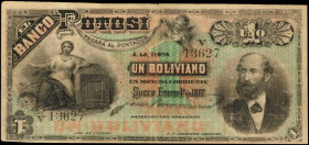 BOLIVIA. Banco Potosi. 1 Boliviano, 1887. P-S221b. Fine.

A fine example of an 1887 1 Boliviano from Banco Potosi.

From the Ricardo Collection.

Esti...
