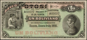 BOLIVIA. Banco Potosi. 1 Boliviano, 1984. P-S231r. Remainder. About Uncirculated.

A remainder for the 1894 Banco Potosi 1 Boliviano seen with just so...