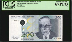 BOSNIA AND HERZEGOVINA. Centralna Banka. 200 Convertible Maraka, ND (2002). P-71. PCGS Currency Superb Gem New 67 PPQ.

Estimate: $150.00-$250.00