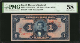 BRAZIL. Thesouro Nacional. 1 Mil Reis, ND (1919). P-6. PMG Choice About Uncirculated 58.

Estimate: $100.00-$200.00