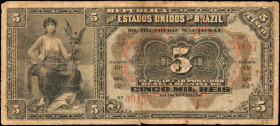 BRAZIL. Republica dos Estados Unidos Do Brasil. 5 Mil Reis, 1909. P-22. Good.

Internal tears, margin wear/tears, and rust are noticed on this early 5...