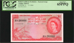 BRITISH CARIBBEAN TERRITORIES. British Caribbean Territories, Eastern Group. 1 Dollar, 1964. P-7c. PCGS Currency Gem New 65 PPQ.

Dark red ink and bri...