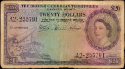 BRITISH CARIBBEAN TERRITORIES. British Caribbean Territories, Eastern Group. 20 Dollars, 1953. P-11a. Good.

An often difficult to locate QEII 20 Doll...