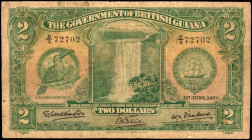 BRITISH GUIANA. Government of British Guiana. 2 Dollars, 1937. P-13b. Good.

A highly difficult denomination in any grade, and this 1937 dated note is...