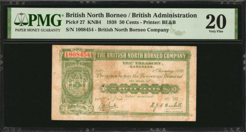 BRITISH NORTH BORNEO. British Administration. 50 Cents, 1938. P-27. PMG Very Fin...